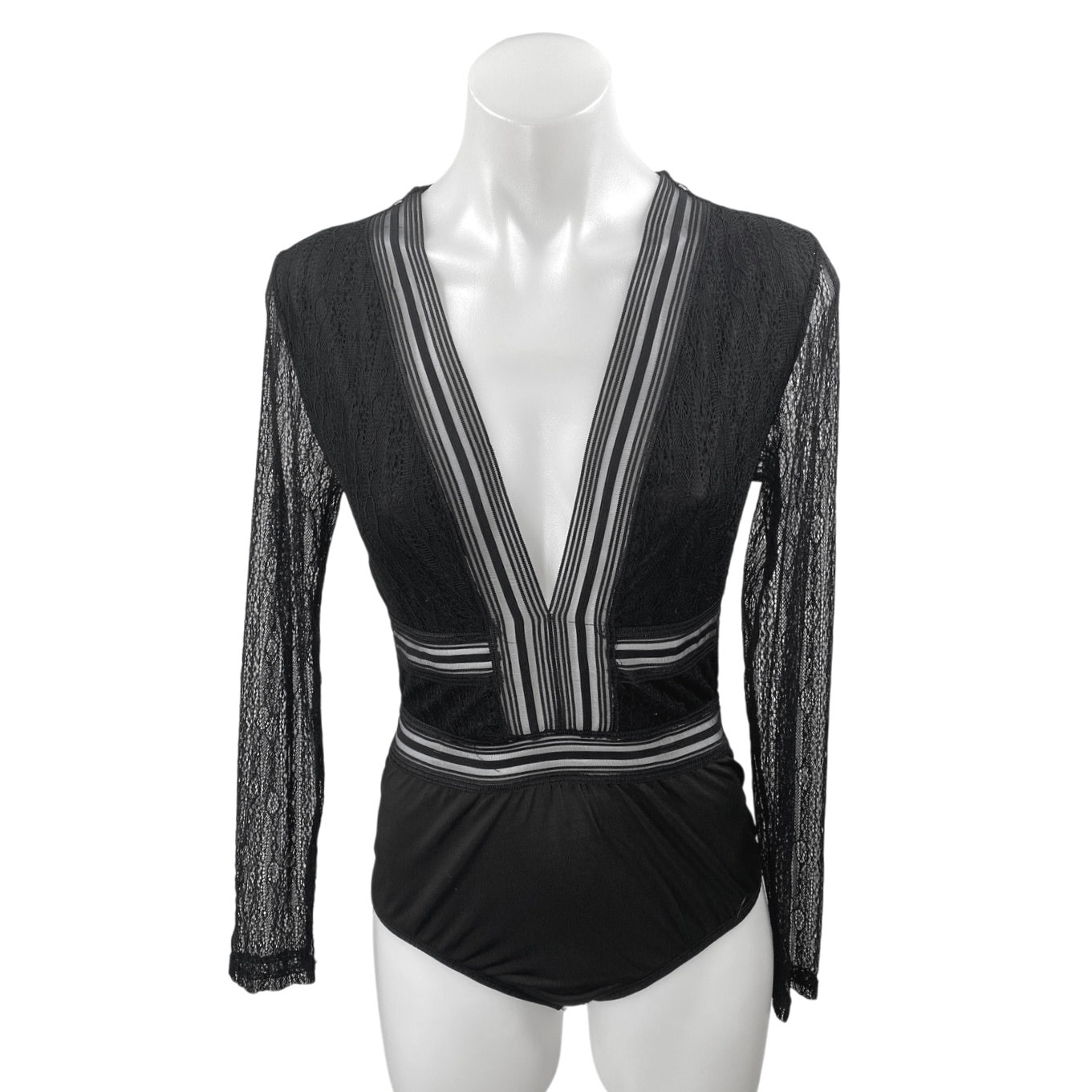 Lulus Casita Black Sheer Lace Long Sleeve Plunge V-Neck Bodysuit Blouse Top Sz M